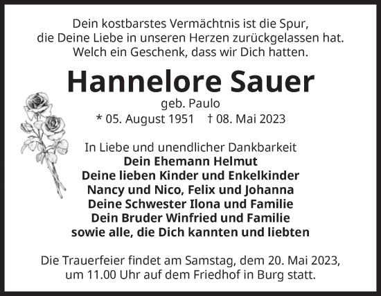 Traueranzeige von Hannelore Sauer von Volksstimme Burg/Genthin