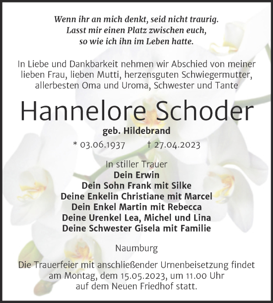 Traueranzeige von Hannelore Schoder von Wochenspiegel Naumburg/Nebra