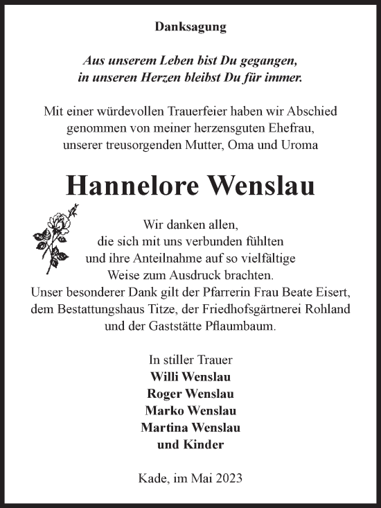 Traueranzeige von Hannelore Wenslau von Volksstimme Burg/Genthin