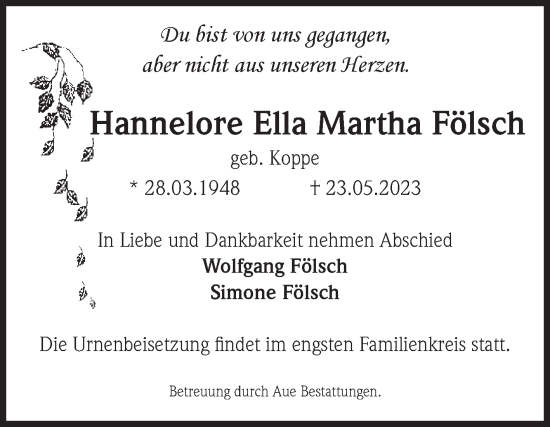 Traueranzeige von Hannelore Ella Martha Fölsch von Volksstimme Magdeburg