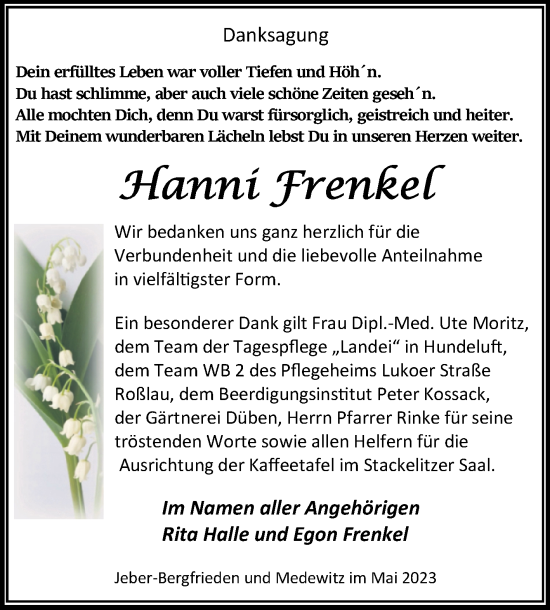 Traueranzeige von Hanni Frenkel von Trauerkombi Dessau