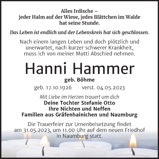 Traueranzeige von Hanni Hammer von Wochenspiegel Naumburg/Nebra