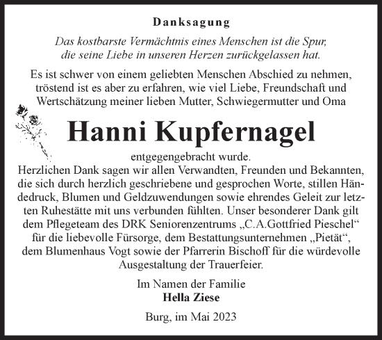 Traueranzeige von Hanni Kupfernagel von Volksstimme Burg/Genthin