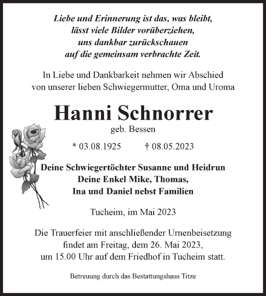Traueranzeige von Hanni Schnorrer von Volksstimme Burg/Genthin