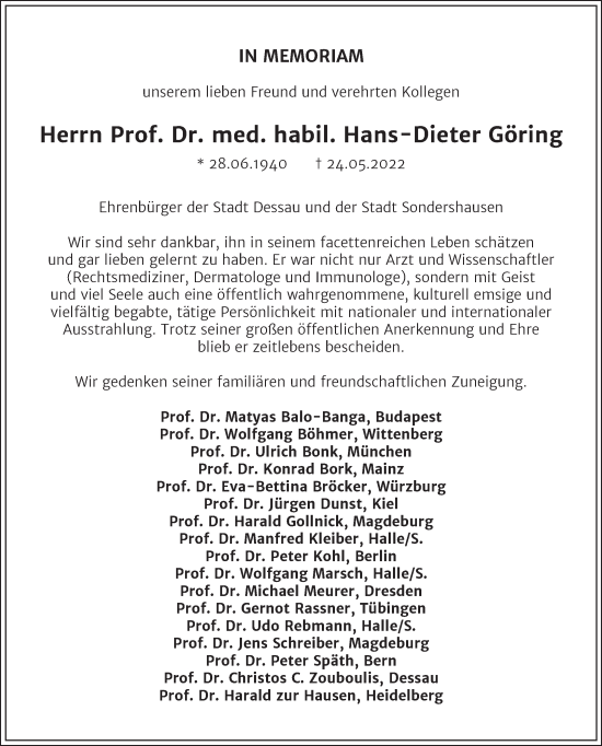 Traueranzeige von Hans-Dieter Göring von Trauerkombi Dessau