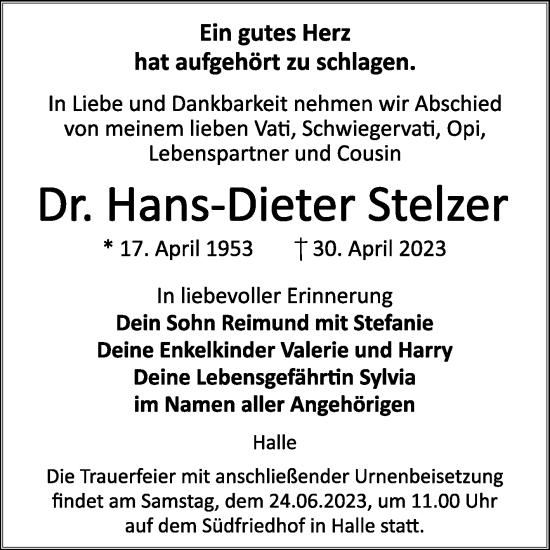Traueranzeige von Hans-Dieter Stelzer von Mitteldeutsche Zeitung