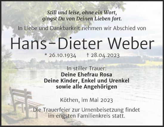 Traueranzeige von Hans-Dieter Weber von Trauerkombi Köthen