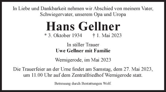 Traueranzeige von Hans Gellner von Volksstimme Wernigerode