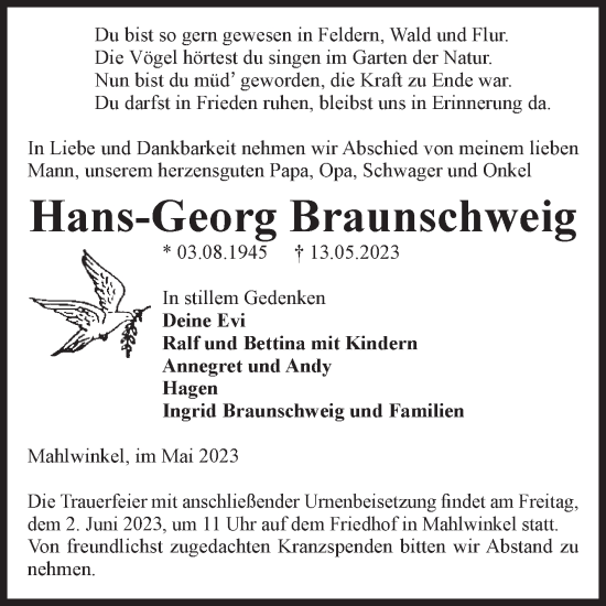 Traueranzeige von Hans-Georg Braunschweig von Volksstimme Altmark Ost