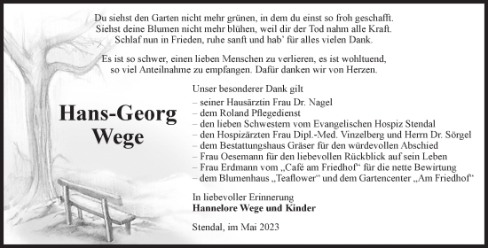 Traueranzeige von Hans-Georg Wege von Volksstimme Altmark Ost