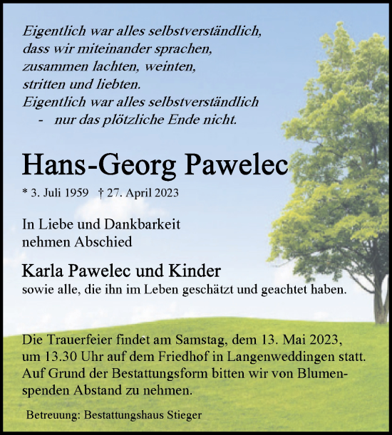 Traueranzeige von Hans-Gerog Pawelec von Volksstimme Oschersleben/Wanzleben