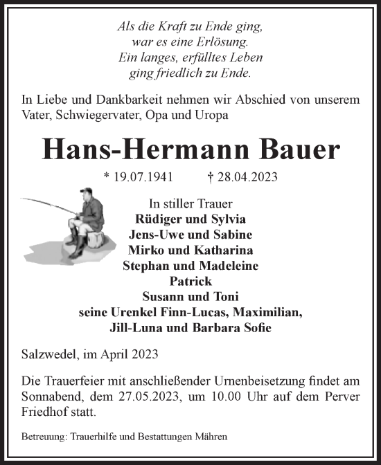 Traueranzeige von Hans-Hermann Bauer von Volksstimme Altmark West