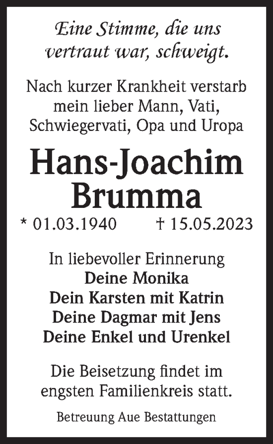 Traueranzeige von Hans-Joachim Brumma von Volksstimme Magdeburg