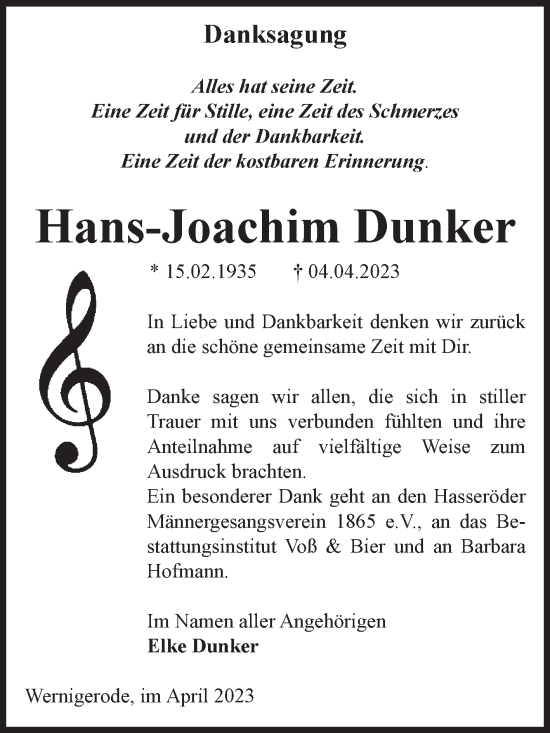 Traueranzeige von Hans-Joachim Dunker von Volksstimme Wernigerode