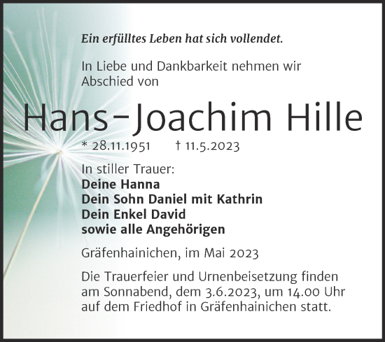 Traueranzeige von Hans-Joachim Hille von Trauerkombi Wittenberg