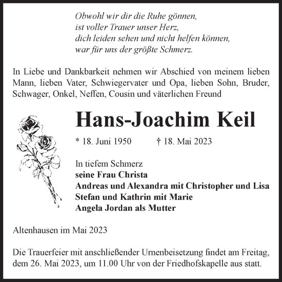 Traueranzeige von Hans-Joachim Keil von Volksstimme Haldensleben/Wolmirstedt