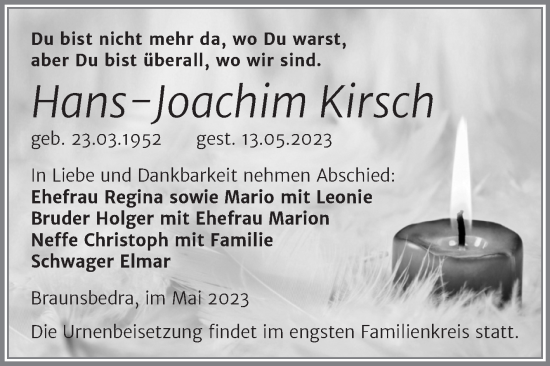 Traueranzeige von Hans-Joachim Kirsch von Trauerkombi Merseburg