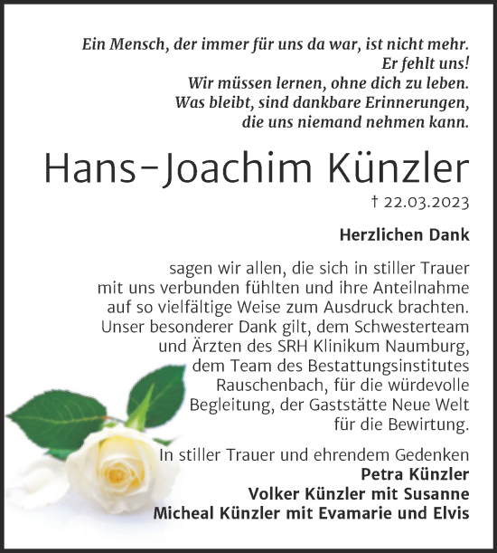 Traueranzeige von Hans-Joachim Künzler von Wochenspiegel Naumburg/Nebra