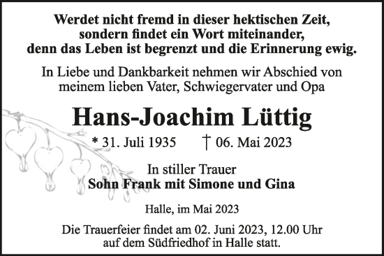 Traueranzeige von Hans-Joachim Lüttig von Mitteldeutsche Zeitung Halle/Saalkreis