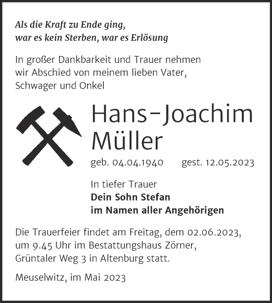 Traueranzeige von Hans-Joachim Müller von Trauerkombi Zeitz