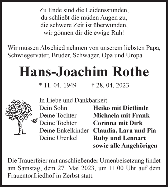 Traueranzeige von Hans-Joachim Rothe von Volksstimme Zerbst