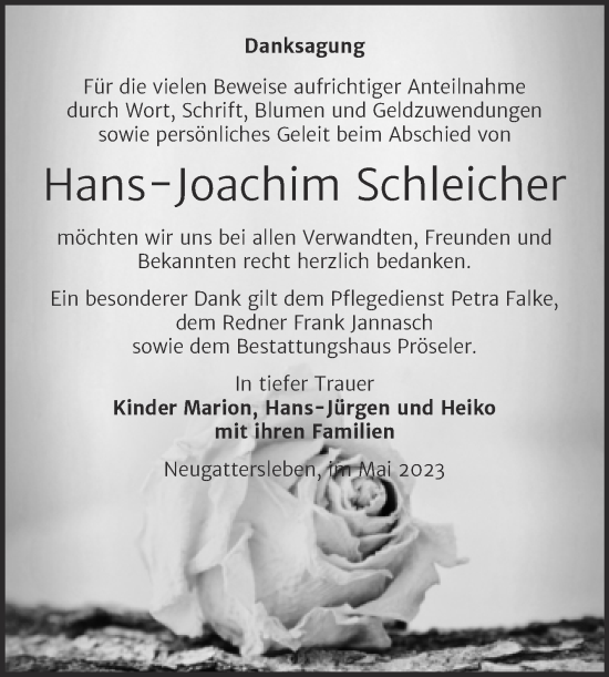 Traueranzeige von Hans-Joachim Schleicher von Trauerkombi Bernburg