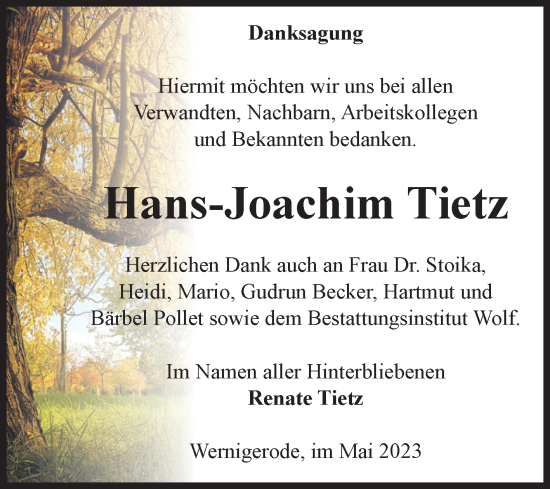 Traueranzeige von Hans-Joachim Tietz von Volksstimme Wernigerode
