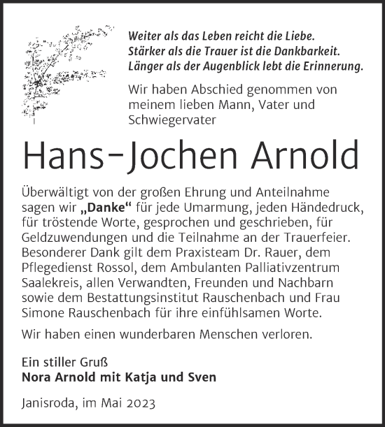 Traueranzeige von Hans-Jochen Arnold von Wochenspiegel Naumburg/Nebra
