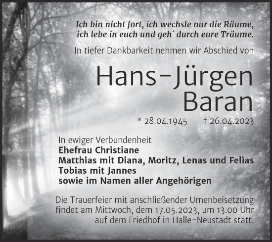 Traueranzeige von Hans-Jürgen Baran von Mitteldeutsche Zeitung Halle/Saalkreis