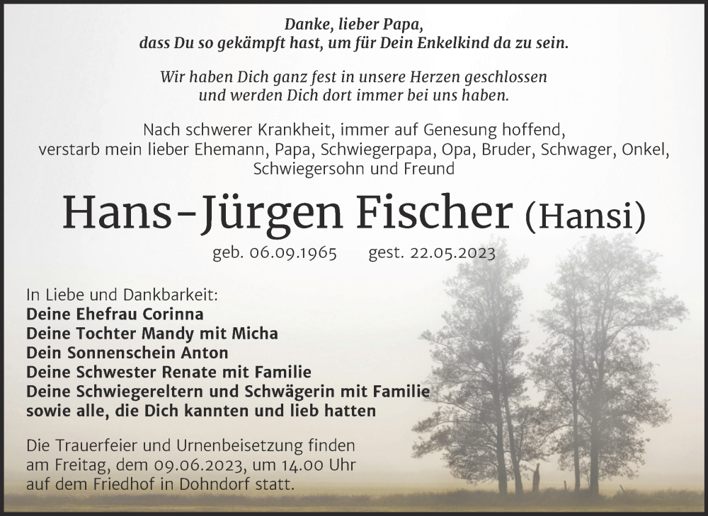  Traueranzeige für Hans-Jürgen Fischer vom 26.05.2023 aus Trauerkombi Köthen