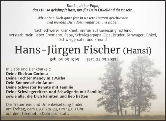 Traueranzeige von Hans-Jürgen Fischer von Trauerkombi Köthen