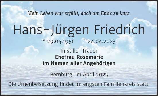 Traueranzeige von Hans-Jürgen Friedrich von Trauerkombi Bernburg