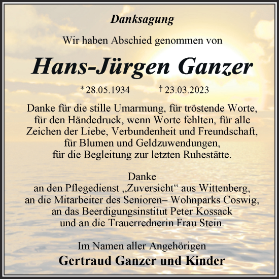 Traueranzeige von Hans-Jürgen Ganzer von Trauerkombi Wittenberg