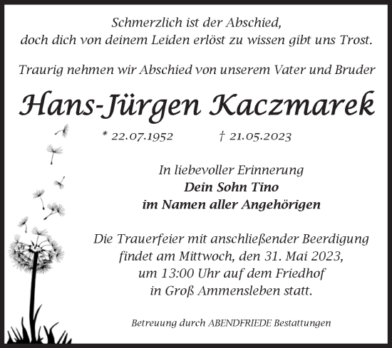 Traueranzeige von Hans-Jürgen Kaczmarek von Volksstimme Haldensleben/Wolmirstedt