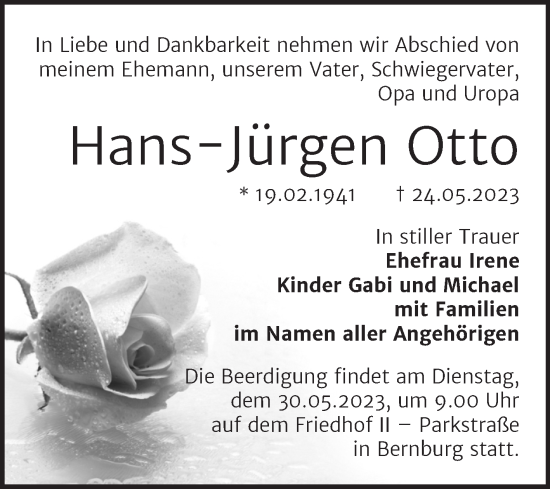 Traueranzeige von Hans-Jürgen Otto von Mitteldeutsche Zeitung Bernburg