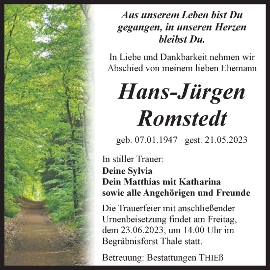Traueranzeige von Hans-Jürgen Romstedt von Volksstimme Altmark Ost