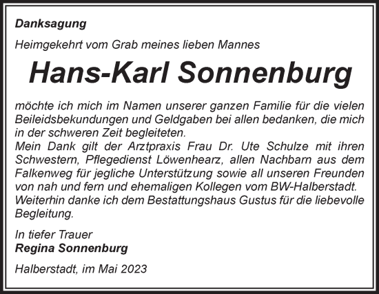 Traueranzeige von Hans-Karl Sonnenburg von Volksstimme Halberstadt