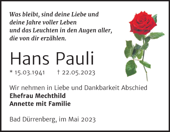 Traueranzeige von Hans Pauli von Trauerkombi Merseburg