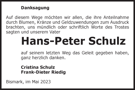 Traueranzeige von Hans-Peter Schulz von Volksstimme Altmark Ost