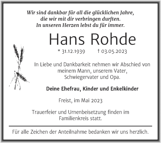 Traueranzeige von Hans Rohde von Trauerkombi Mansfelder Land
