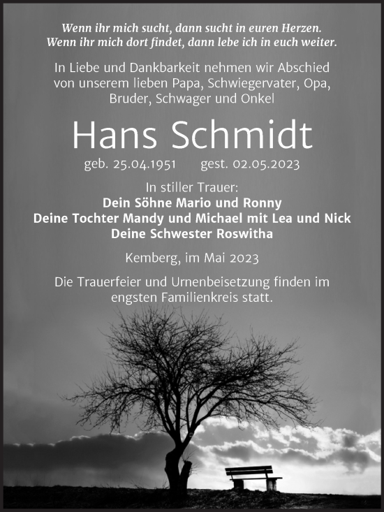 Traueranzeige von Hans Schmidt von Trauerkombi Wittenberg