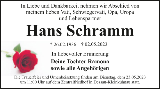 Traueranzeige von Hans Schramm von Trauerkombi Dessau