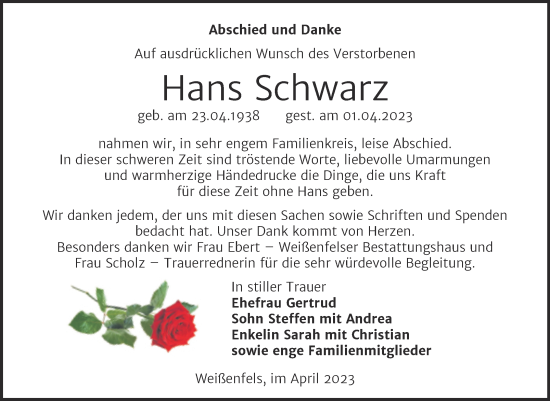 Traueranzeige von Hans Schwarz von Trauerkombi Weißenfels