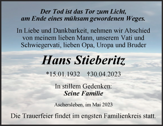 Traueranzeige von Hans Stieberitz von Trauerkombi Aschersleben