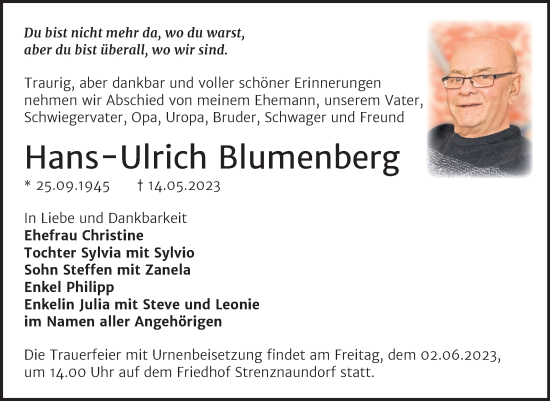 Traueranzeige von Hans-Ulrich Blumenberg von Trauerkombi Bernburg