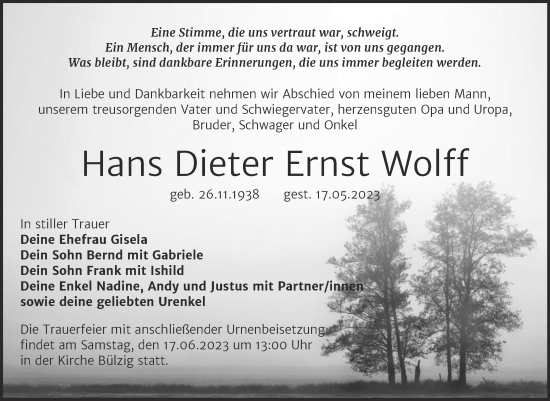Traueranzeige von Hans Dieter Ernst Wolff von Trauerkombi Wittenberg