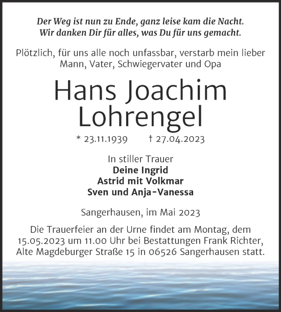 Traueranzeige von Hans Joachim Lohrengel von Trauerkombi Sangerhausen