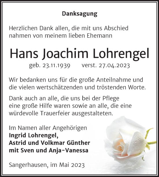 Traueranzeige von Hans Joachim Lohrengel von Trauerkombi Sangerhausen