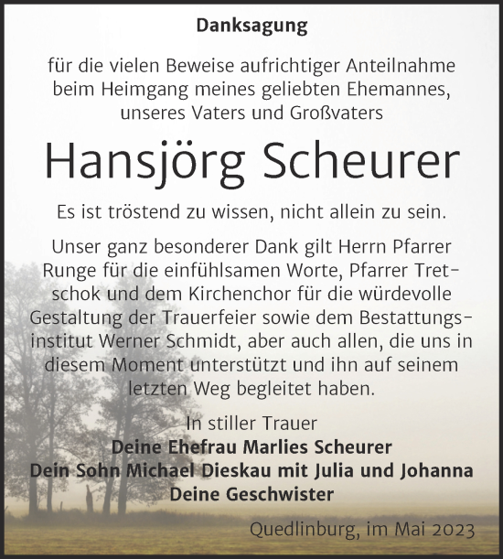 Traueranzeige von Hansjörg Scheurer von Trauerkombi Quedlinburg