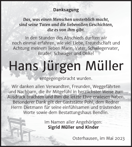 Traueranzeige von Hans Jürgen Müller von Trauerkombi Mansfelder Land